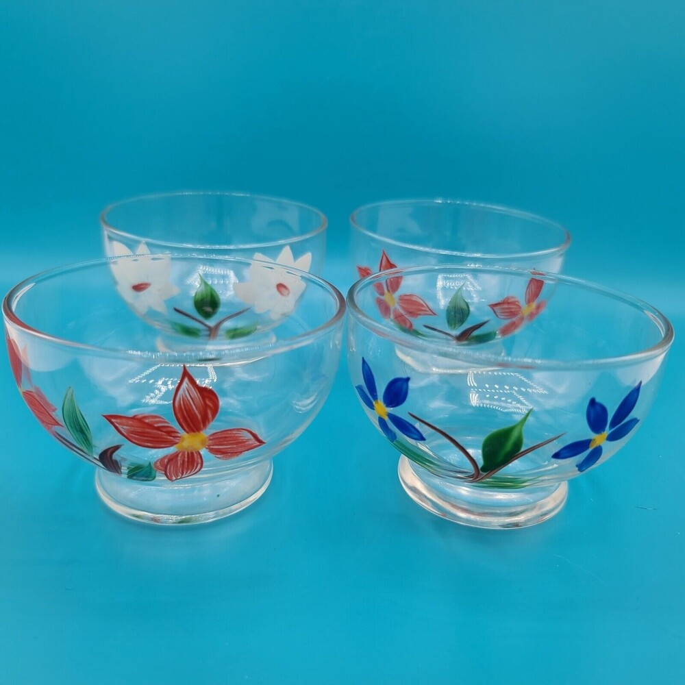 Hand Painted Clear Glass Sauce Floral Bowls Set Of 4